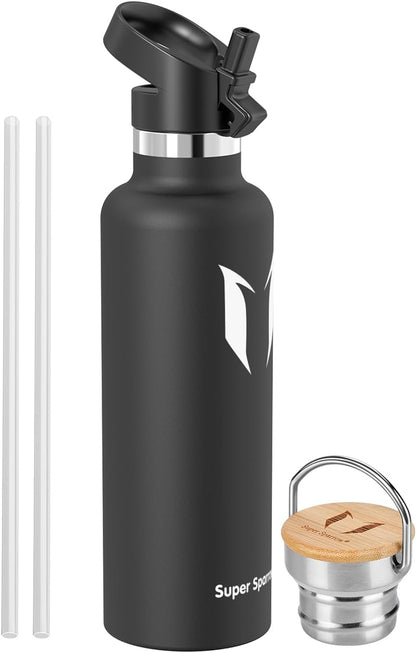 Water Bottle Stainless Steel - 350Ml/500Ml/620Ml/750Ml/1L- Insulated Metal Water Bottles - Standard Mouth Flask - BPA Free - Straw Bottle for Work, Gym, Sports - 2 Lids