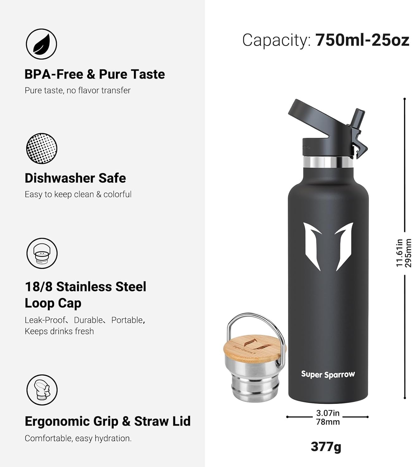 Water Bottle Stainless Steel - 350Ml/500Ml/620Ml/750Ml/1L- Insulated Metal Water Bottles - Standard Mouth Flask - BPA Free - Straw Bottle for Work, Gym, Sports - 2 Lids