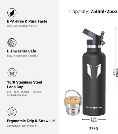 Water Bottle Stainless Steel - 350Ml/500Ml/620Ml/750Ml/1L- Insulated Metal Water Bottles - Standard Mouth Flask - BPA Free - Straw Bottle for Work, Gym, Sports - 2 Lids