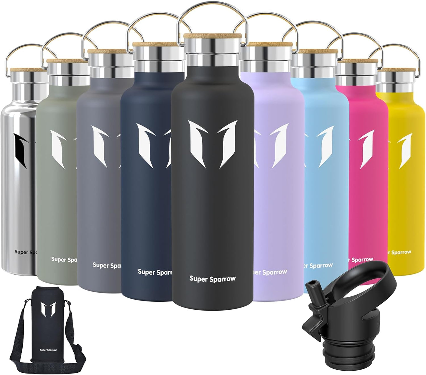 Water Bottle Stainless Steel - 350Ml/500Ml/620Ml/750Ml/1L- Insulated Metal Water Bottles - Standard Mouth Flask - BPA Free - Straw Bottle for Work, Gym, Sports - 2 Lids