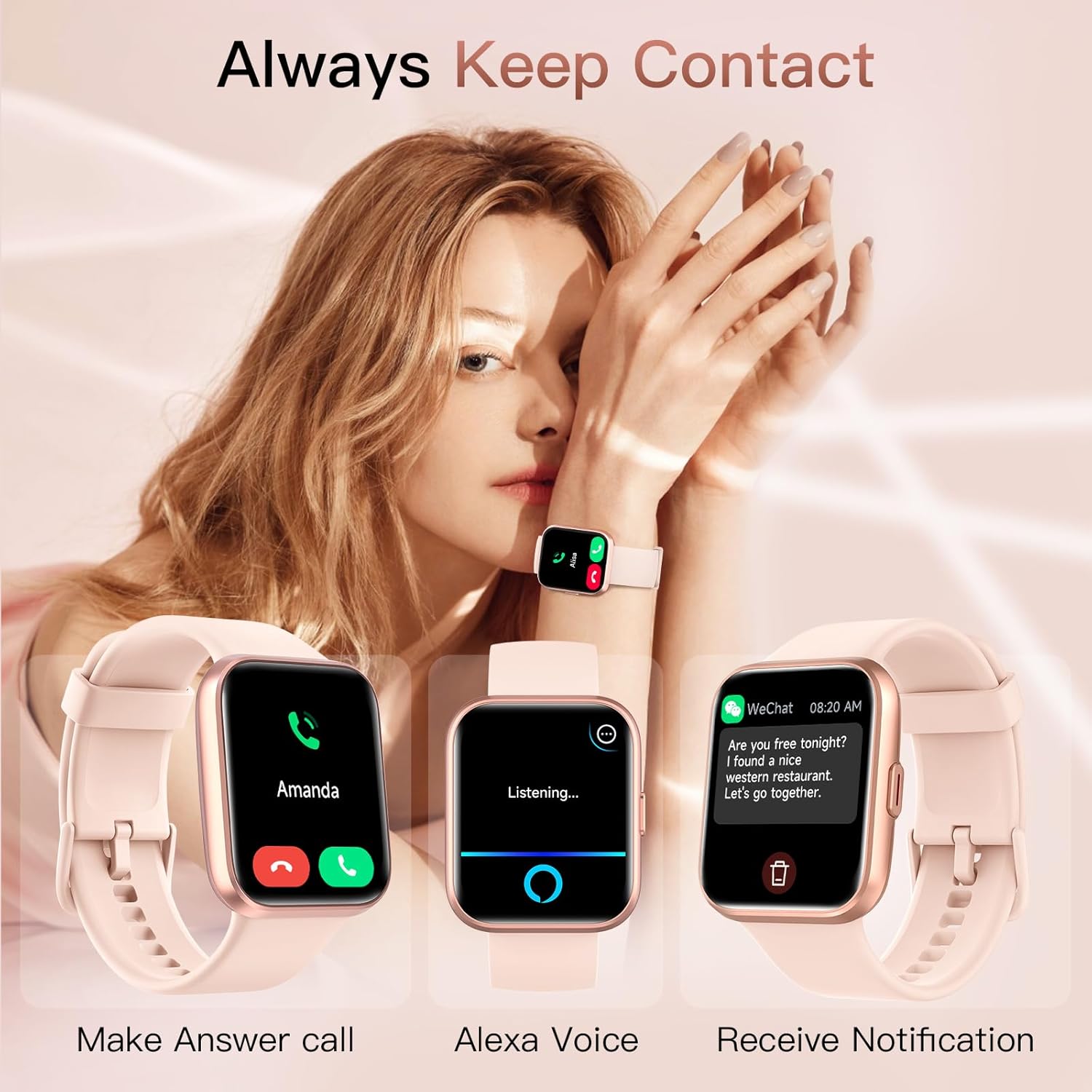 Smart Watch for Women(Answer/Make Call), Alexa Built-In 1.8" Touch Screen Fitness Watch with Spo2 Heart Rate Sleep Monitor, 100 Sport, IP68 Waterproof Step Counter Ladies Smartwatch for Iphone Android