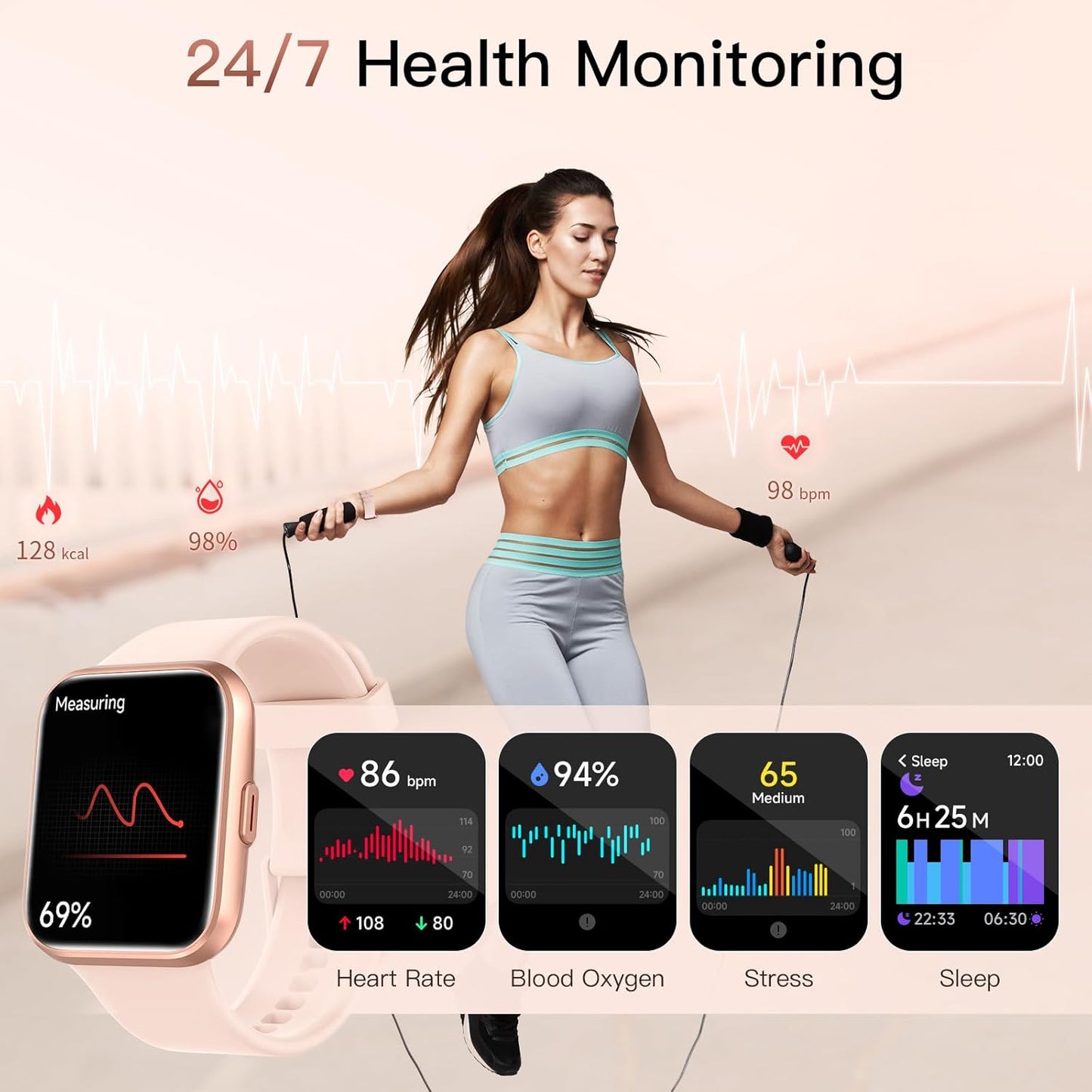 Smart Watch for Women(Answer/Make Call), Alexa Built-In 1.8" Touch Screen Fitness Watch with Spo2 Heart Rate Sleep Monitor, 100 Sport, IP68 Waterproof Step Counter Ladies Smartwatch for Iphone Android